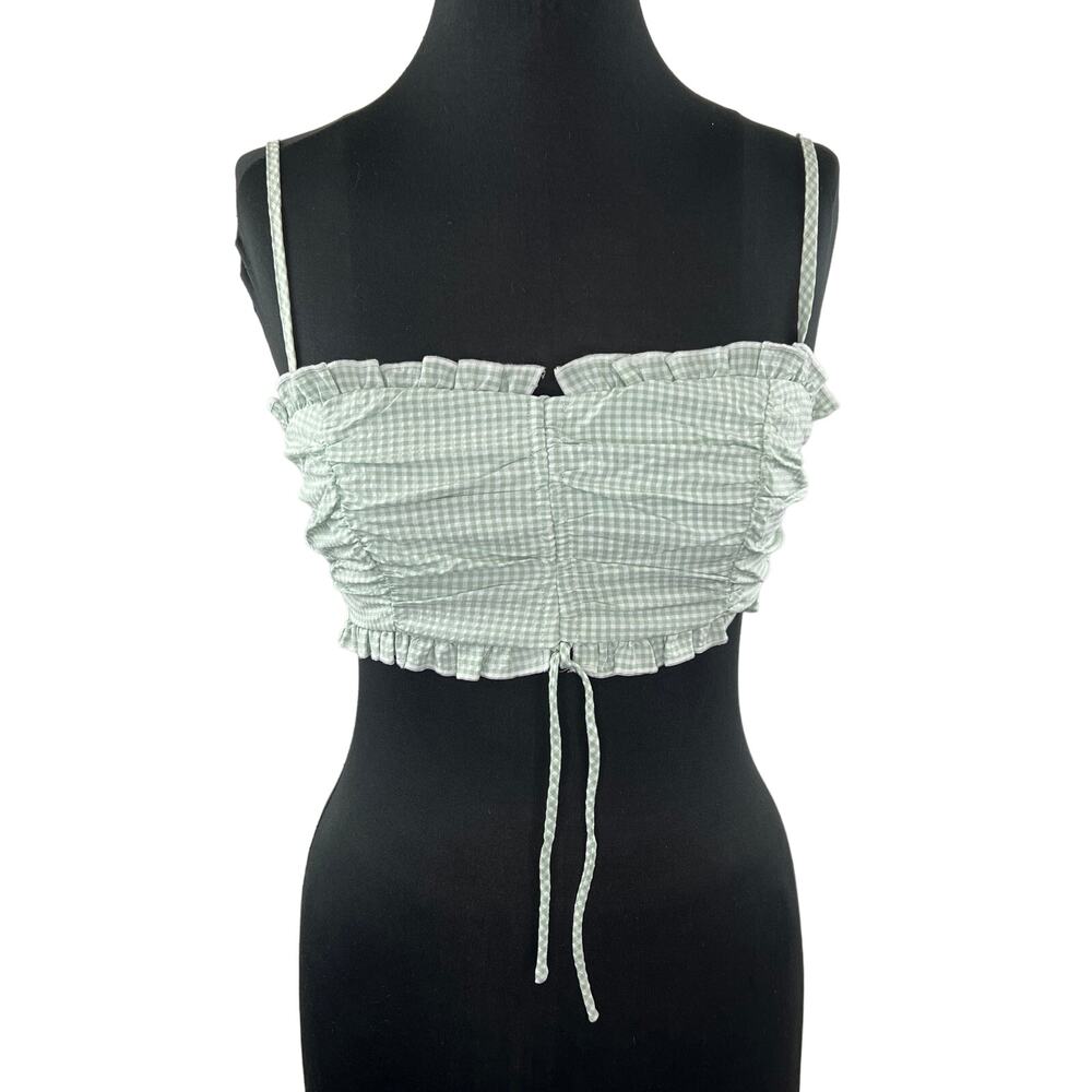 Princess Polly Tidelands Green Gingham Ruffles Smocked Tie Front Crop Top 2 XS